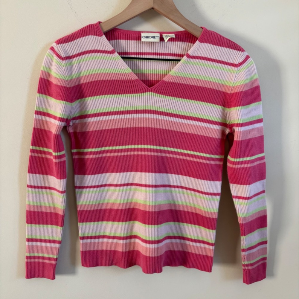 Cherokee Brand Pink Green Striped Ribbed V-Neck Long Sleeve Cotton Sweater